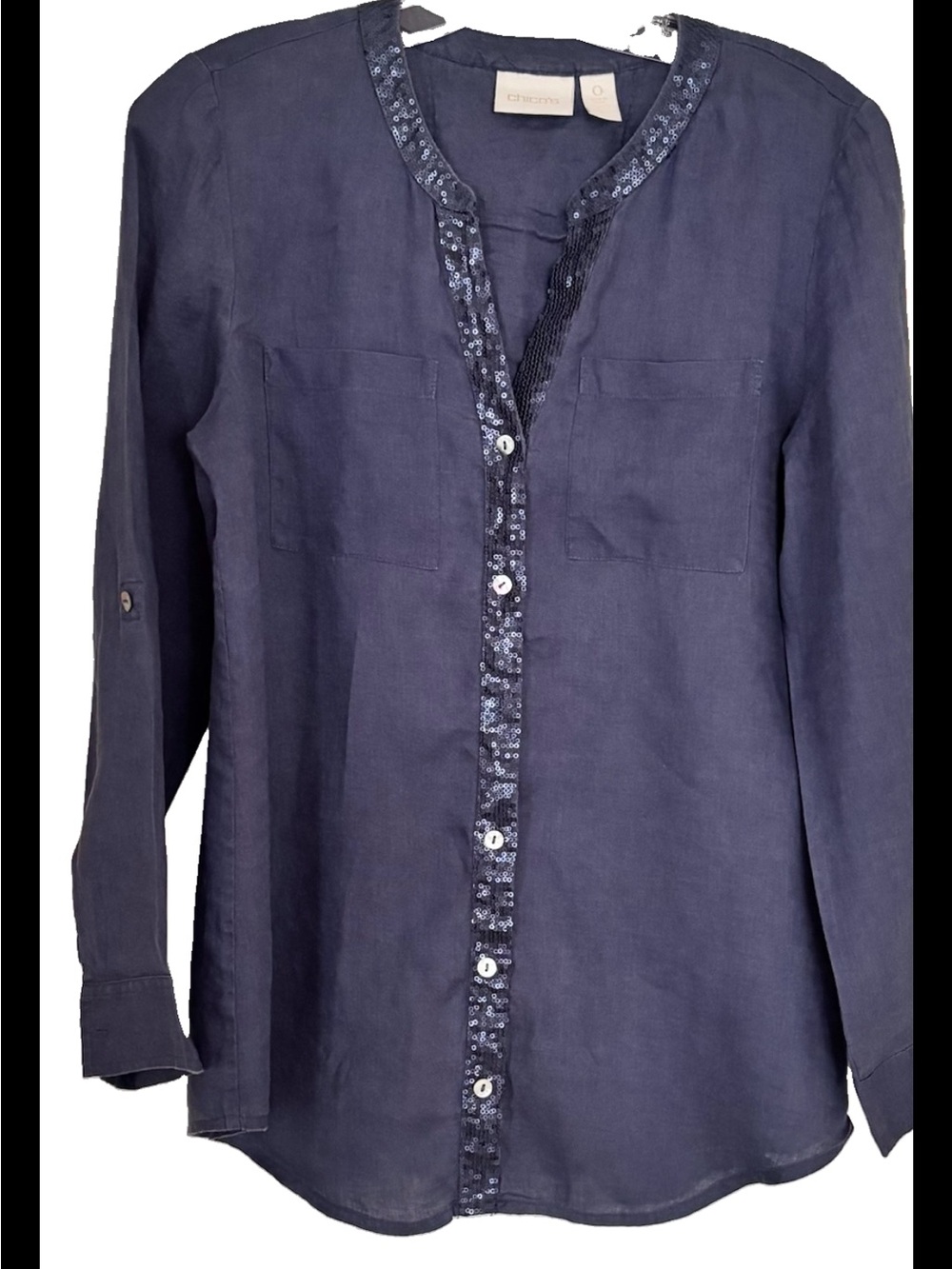 Chicos Blue Linen Sequin Accents Blouse Size 0 ( US Small)